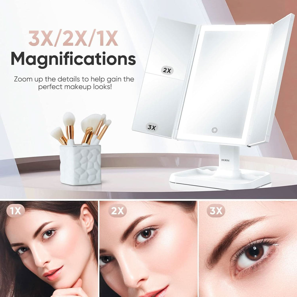 Specchio LED pieghevole a 3 pannelli per trucco preciso 